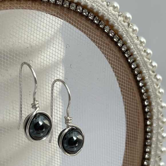 Hematite Silver Wire Wrapped Minimalist Earrings - Picture 3 of 11